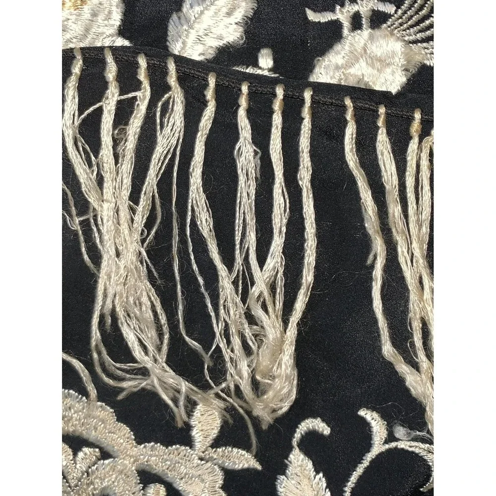 Antique Black Ivory Silk Floral w Peacocks Embroidered Manila Fashion Shawl READ